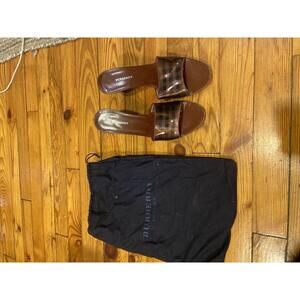 Burberry Copper w/ Black Plaid Wedge Wood Slides Shoes-(37)